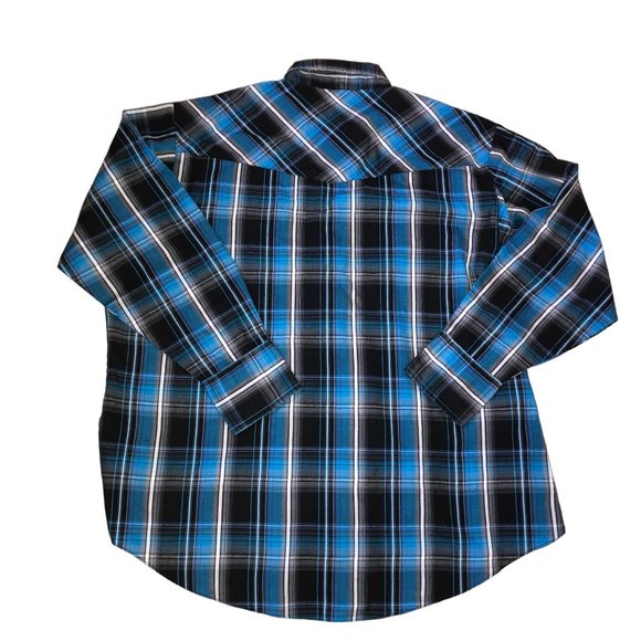 ELY CATTLEMAN PEARL SNAP SHIRT SIZE XL ROCKABILLY BOHO COWBOY BLUE PLAID MENS - Picture 4 of 5